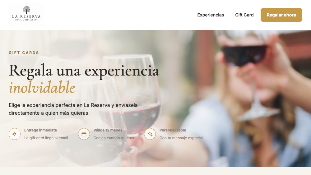 Página de gift cards que ve el cliente final